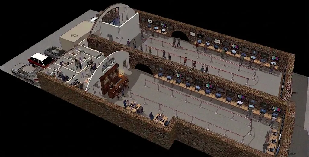 Illustrated floorplan of The Pre-Show venue, with rows of identical game stations along both sides of the venue's arches